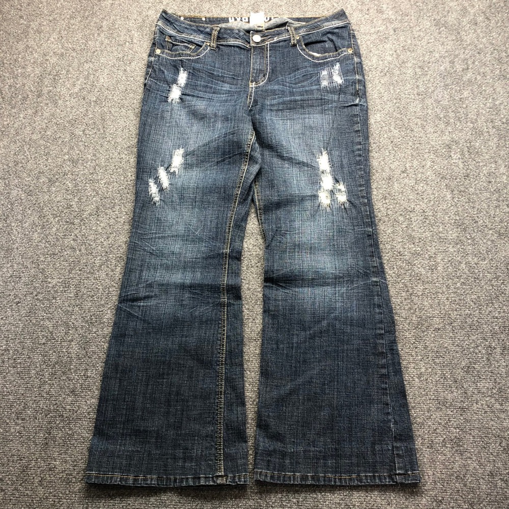 Y2K Womens 14W Bootcut Jeans Dark Wash Distressed Stretch Denim Blue